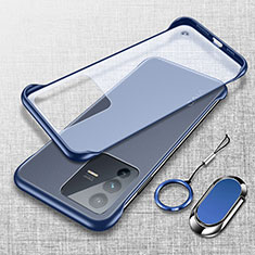 Coque Antichocs Rigide Sans Cadre Transparente Crystal Etui Housse avec Support Bague Anneau Aimante Magnetique pour Vivo V23 5G Bleu