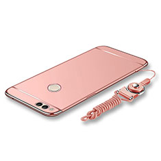 Coque Bumper Luxe Metal et Plastique Etui Housse avec Laniere pour Huawei Honor Play 7X Or Rose