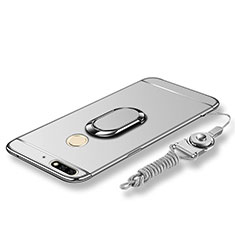 Coque Bumper Luxe Metal et Plastique Etui Housse avec Support Bague Anneau et Laniere pour Huawei Enjoy 8 Argent