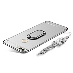 Coque Bumper Luxe Metal et Plastique Etui Housse avec Support Bague Anneau et Laniere pour Huawei Enjoy 8 Plus Argent