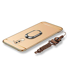 Coque Bumper Luxe Metal et Plastique Etui Housse avec Support Bague Anneau et Laniere pour Huawei Honor 6X Or