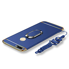 Coque Bumper Luxe Metal et Plastique Etui Housse avec Support Bague Anneau et Laniere pour Huawei Honor 7C Bleu