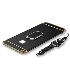 Coque Bumper Luxe Metal et Plastique Etui Housse avec Support Bague Anneau et Laniere pour Huawei P9 Lite Noir