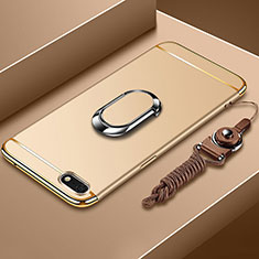 Coque Bumper Luxe Metal et Plastique Etui Housse avec Support Bague Anneau et Laniere pour Huawei Y5 Prime (2018) Or