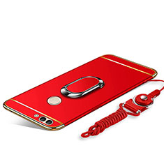 Coque Bumper Luxe Metal et Plastique Etui Housse avec Support Bague Anneau et Laniere pour Huawei Y9 (2018) Rouge