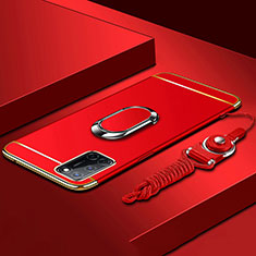 Coque Bumper Luxe Metal et Plastique Etui Housse avec Support Bague Anneau et Laniere pour Oppo A72 Rouge