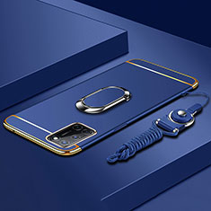 Coque Bumper Luxe Metal et Plastique Etui Housse avec Support Bague Anneau et Laniere pour Oppo A92 Bleu