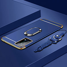 Coque Bumper Luxe Metal et Plastique Etui Housse avec Support Bague Anneau et Laniere pour Oppo K9 5G Bleu