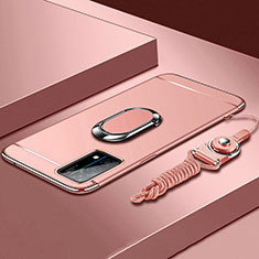 Coque Bumper Luxe Metal et Plastique Etui Housse avec Support Bague Anneau et Laniere pour Oppo K9 5G Rose