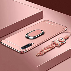 Coque Bumper Luxe Metal et Plastique Etui Housse avec Support Bague Anneau et Laniere pour Samsung Galaxy A90 5G Or Rose