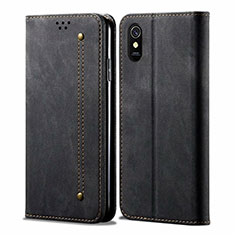 Coque Clapet Portefeuille Livre Tissu H01 pour Xiaomi Redmi 9A Noir