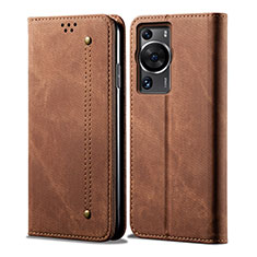 Coque Clapet Portefeuille Livre Tissu pour Huawei P60 Pro Marron