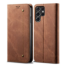 Coque Clapet Portefeuille Livre Tissu pour Samsung Galaxy S22 Ultra 5G Marron