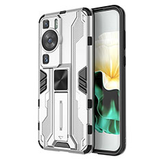 Coque Contour Silicone et Plastique Housse Etui Mat avec Aimant Magnetique Support KC1 pour Huawei P60 Pro Argent