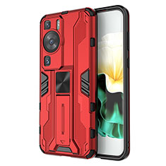 Coque Contour Silicone et Plastique Housse Etui Mat avec Aimant Magnetique Support KC1 pour Huawei P60 Pro Rouge