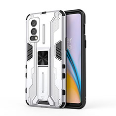 Coque Contour Silicone et Plastique Housse Etui Mat avec Aimant Magnetique Support KC1 pour OnePlus Nord 2 5G Argent