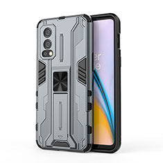 Coque Contour Silicone et Plastique Housse Etui Mat avec Aimant Magnetique Support KC1 pour OnePlus Nord 2 5G Gris