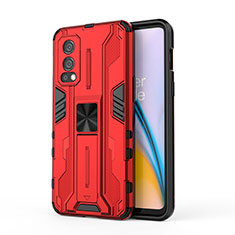 Coque Contour Silicone et Plastique Housse Etui Mat avec Aimant Magnetique Support KC1 pour OnePlus Nord 2 5G Rouge