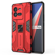 Coque Contour Silicone et Plastique Housse Etui Mat avec Aimant Magnetique Support KC1 pour Vivo iQOO 10 Pro 5G Rouge