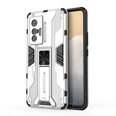 Coque Contour Silicone et Plastique Housse Etui Mat avec Aimant Magnetique Support KC1 pour Vivo X70t Argent