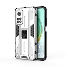 Coque Contour Silicone et Plastique Housse Etui Mat avec Aimant Magnetique Support KC1 pour Xiaomi Mi 10T 5G Argent