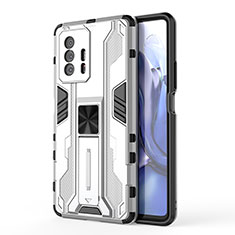 Coque Contour Silicone et Plastique Housse Etui Mat avec Aimant Magnetique Support KC1 pour Xiaomi Mi 11T Pro 5G Argent