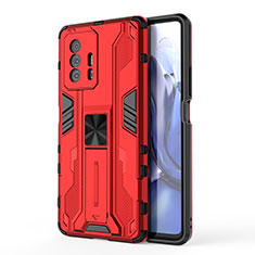 Coque Contour Silicone et Plastique Housse Etui Mat avec Aimant Magnetique Support KC1 pour Xiaomi Mi 11T Pro 5G Rouge