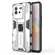 Coque Contour Silicone et Plastique Housse Etui Mat avec Aimant Magnetique Support KC2 pour Vivo iQOO Neo6 SE 5G Blanc