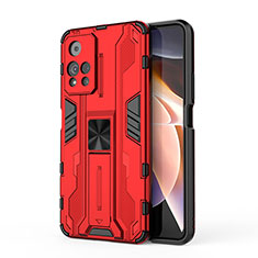 Coque Contour Silicone et Plastique Housse Etui Mat avec Aimant Magnetique Support KC2 pour Xiaomi Redmi Note 11 Pro+ Plus 5G Rouge