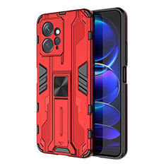 Coque Contour Silicone et Plastique Housse Etui Mat avec Aimant Magnetique Support KC2 pour Xiaomi Redmi Note 12 4G Rouge