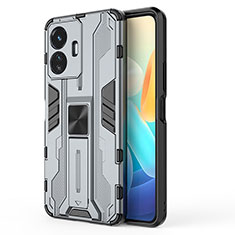 Coque Contour Silicone et Plastique Housse Etui Mat avec Aimant Magnetique Support KC3 pour Vivo iQOO Z6 Lite 5G Gris