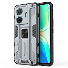 Coque Contour Silicone et Plastique Housse Etui Mat avec Aimant Magnetique Support KC3 pour Vivo iQOO Z6 Pro 5G Gris