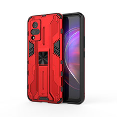 Coque Contour Silicone et Plastique Housse Etui Mat avec Aimant Magnetique Support KC3 pour Vivo V21s 5G Rouge