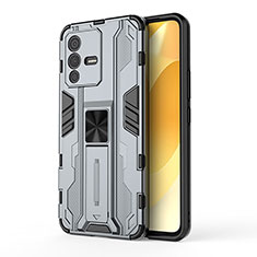 Coque Contour Silicone et Plastique Housse Etui Mat avec Aimant Magnetique Support KC3 pour Vivo V23 5G Gris