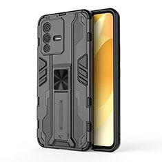 Coque Contour Silicone et Plastique Housse Etui Mat avec Aimant Magnetique Support KC3 pour Vivo V23 5G Noir