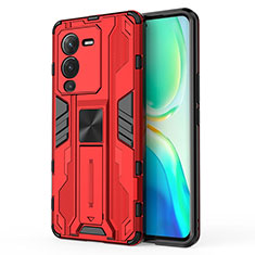 Coque Contour Silicone et Plastique Housse Etui Mat avec Aimant Magnetique Support KC3 pour Vivo V25 Pro 5G Rouge