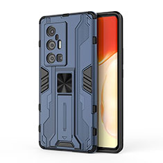 Coque Contour Silicone et Plastique Housse Etui Mat avec Aimant Magnetique Support KC3 pour Vivo X70 Pro+ Plus 5G Bleu