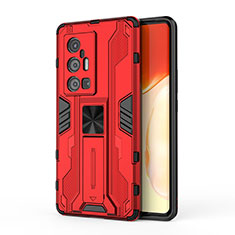 Coque Contour Silicone et Plastique Housse Etui Mat avec Aimant Magnetique Support KC3 pour Vivo X70 Pro+ Plus 5G Rouge