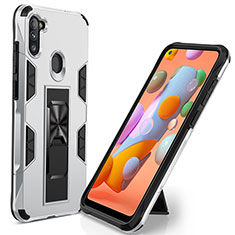 Coque Contour Silicone et Plastique Housse Etui Mat avec Aimant Magnetique Support MQ1 pour Samsung Galaxy M11 Argent