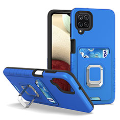 Coque Contour Silicone et Plastique Housse Etui Mat avec Magnetique Support Bague Anneau J01S pour Samsung Galaxy A12 Nacho Bleu