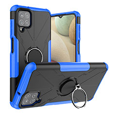 Coque Contour Silicone et Plastique Housse Etui Mat avec Magnetique Support Bague Anneau J01X pour Samsung Galaxy A12 Nacho Bleu