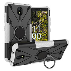 Coque Contour Silicone et Plastique Housse Etui Mat avec Magnetique Support Bague Anneau JX1 pour Nokia C100 Argent