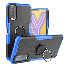 Coque Contour Silicone et Plastique Housse Etui Mat avec Magnetique Support Bague Anneau JX1 pour Vivo Y12A Bleu