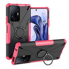 Coque Contour Silicone et Plastique Housse Etui Mat avec Magnetique Support Bague Anneau JX1 pour Xiaomi Mi 11T Pro 5G Rose Rouge