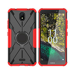 Coque Contour Silicone et Plastique Housse Etui Mat avec Magnetique Support Bague Anneau JX2 pour Nokia C100 Rouge