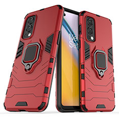 Coque Contour Silicone et Plastique Housse Etui Mat avec Magnetique Support Bague Anneau KC1 pour OnePlus Nord 2 5G Rouge