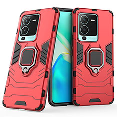 Coque Contour Silicone et Plastique Housse Etui Mat avec Magnetique Support Bague Anneau KC1 pour Vivo V25 Pro 5G Rouge