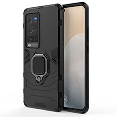 Coque Contour Silicone et Plastique Housse Etui Mat avec Magnetique Support Bague Anneau KC1 pour Vivo X60 Pro+ Plus 5G Noir