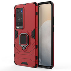 Coque Contour Silicone et Plastique Housse Etui Mat avec Magnetique Support Bague Anneau KC1 pour Vivo X60 Pro+ Plus 5G Rouge