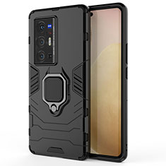 Coque Contour Silicone et Plastique Housse Etui Mat avec Magnetique Support Bague Anneau KC1 pour Vivo X70 Pro+ Plus 5G Noir